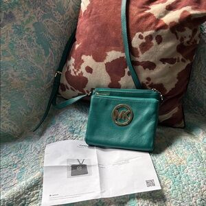 Michael Kors Fulton Leather Deep Sea Green Crossbody Bag with COA